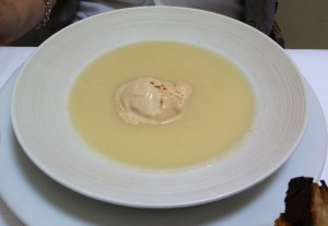 Cream of white asparagus soup with foie gras ice cream